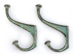 1890's Large Cast Brass Hook with faded Vert de Gris Paint, set of Two