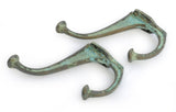 1890's Large Cast Brass Hook with faded Vert de Gris Paint, set of Two