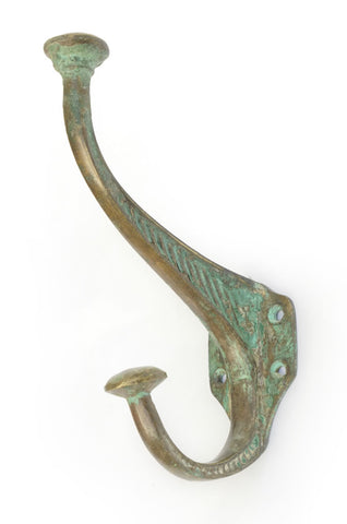 1890's Large Cast Brass Hook with faded Vert de Gris Paint