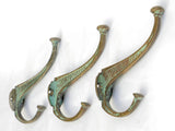 1890's Medium Cast Brass Hook with Faded Vert de Gris Paint, Set of Three