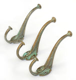1890's Medium Cast Brass Hook with Faded Vert de Gris Paint, Set of Three