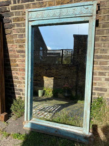 Faded Blue Mirror with Heart Motif Carving