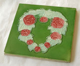 Green Tile with Pink Rose Wreath circa 1890